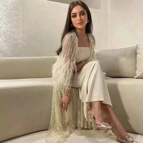 Sharon Said Light Yellow Luxury Dubai Feathers Evening Dress