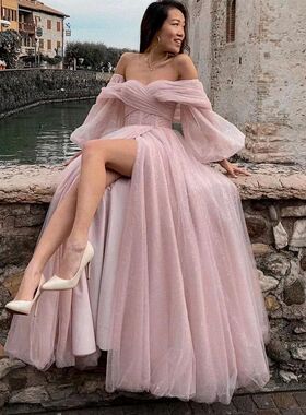 Eeqasn Pink Shiny Tulle Prom Dresses Off The Shoulder Long P