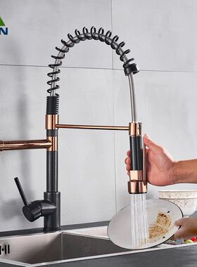 Rozin Black and Rose Golden Spring Pull Down Kitchen Sink Fa