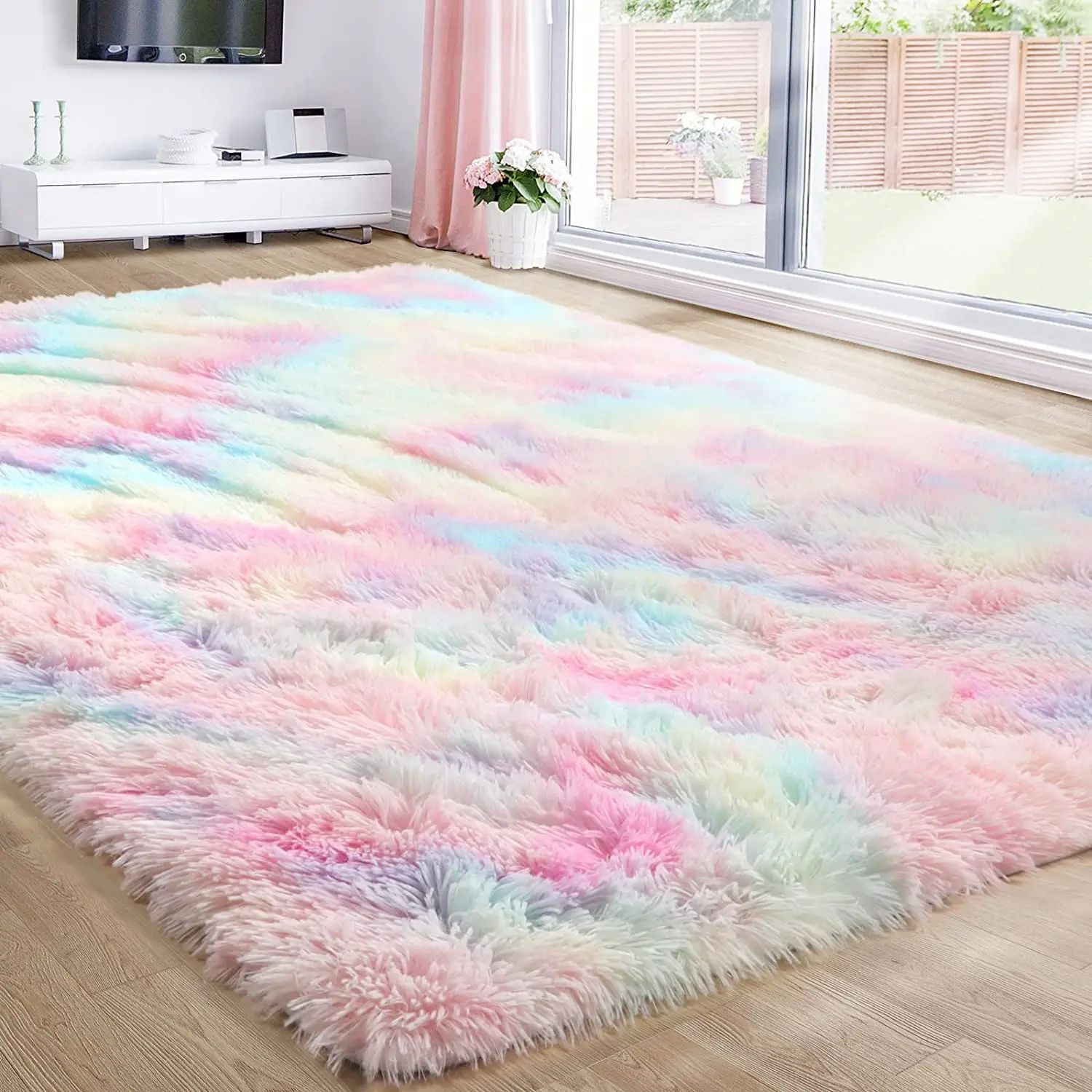 Hairy Rainbow Rugs for Children Bedroom Soft Furry Carpets L