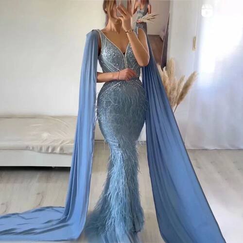 Serene Hill Blue Mermaid Elegant Cape Sleeves Luxury Beaded