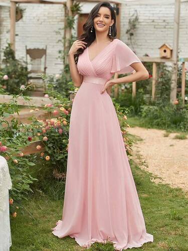 Women Pink Bridesmaid Dresses Long Elegant A Line Double V N