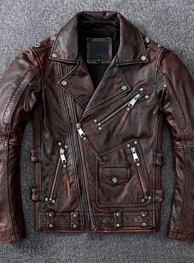 Vintage Brown Motorcycle Leather Jacket Men Natural Genuine