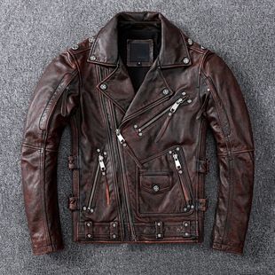 Vintage Brown Motorcycle Leather Jacket Men Natural Genuine