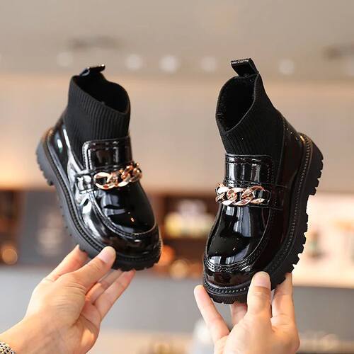 Girls Leather Boots Metal Chains Flying Woven Stitching Prin