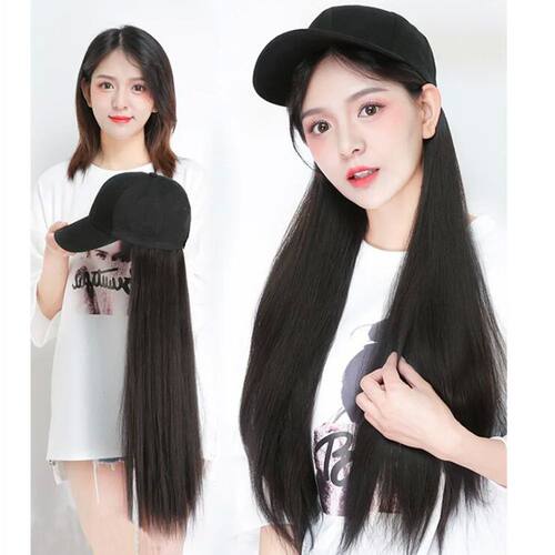 Long Straight Hat Wig Natural Brown Wigs Connect Synthetic S