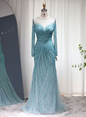 Sharon Said Luxury Dubai Blue Mermaid Evening Dresses for Wo