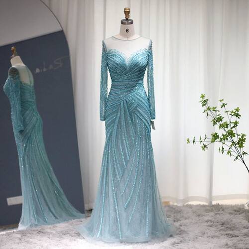 Sharon Said Luxury Dubai Blue Mermaid Evening Dresses for Wo