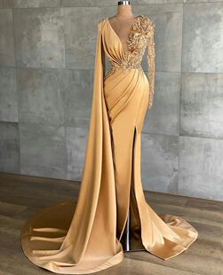 BridalAffair 2023 Gold Mermaid V Neck Lace Applique Long Sle