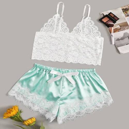 Women Pajamas Sexy Lace Sling Silky Satin V Neck Sleeveless