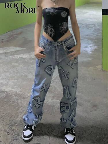 Rockmore Patchwork Women's Jeans Y2K Setwear Baggy Straight