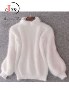 White Mohair Thicken Turtleneck Sweater Autumn Winter Sweet