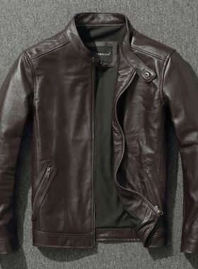 Top Layer Cowhide  Jacket  Fashion SlimFit Stand Collar Leis