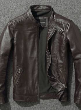 Top Layer Cowhide  Jacket  Fashion SlimFit Stand Collar Leis