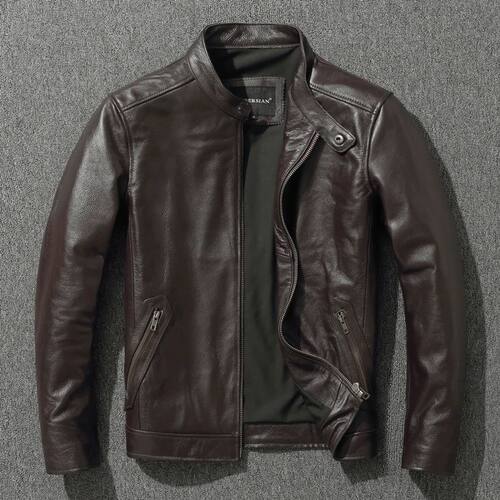 Top Layer Cowhide  Jacket  Fashion SlimFit Stand Collar Leis