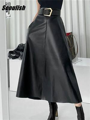 Seoulish Classic Black Faux PU Leather Long Skirts with Belt