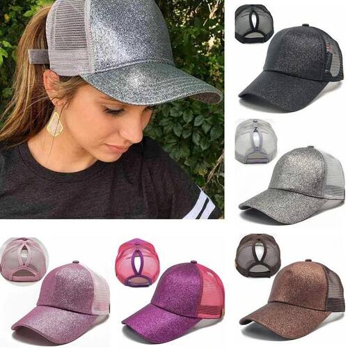 2021 Glitter Women Baseball Cap tail Mesh Snapback Hat Casua