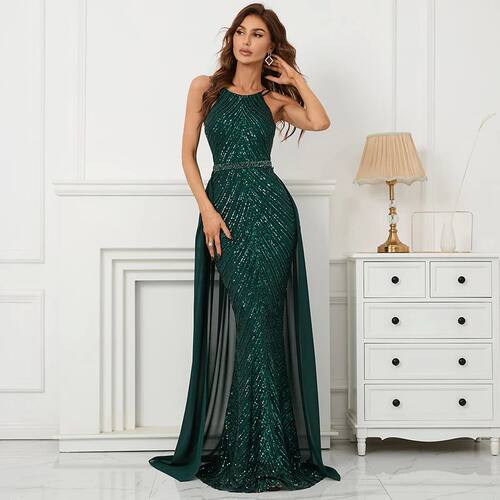 YIDINGZS Sexy Green Sequin Evening Dress Party Maxi Dress Wi