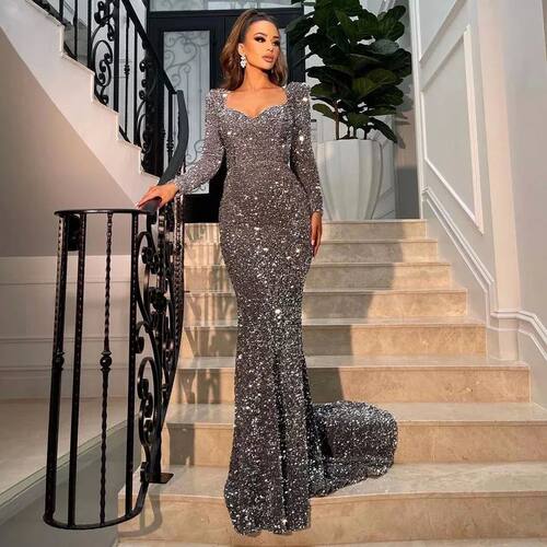 YIDINGZS Stch Sequined Maxi Dress Full Sleeve V Neck Mermaid