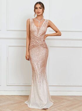 YIDINGZS V Neck Gold Sequin Evening Dress Women Elegant Part