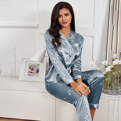 Spring Autumn pajama women Silk Satin pajamas set Long sleev