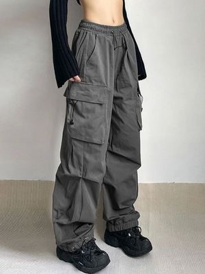 HOUZHOU Harajuku Oversized Cargo Parachute Pants Women Setwe