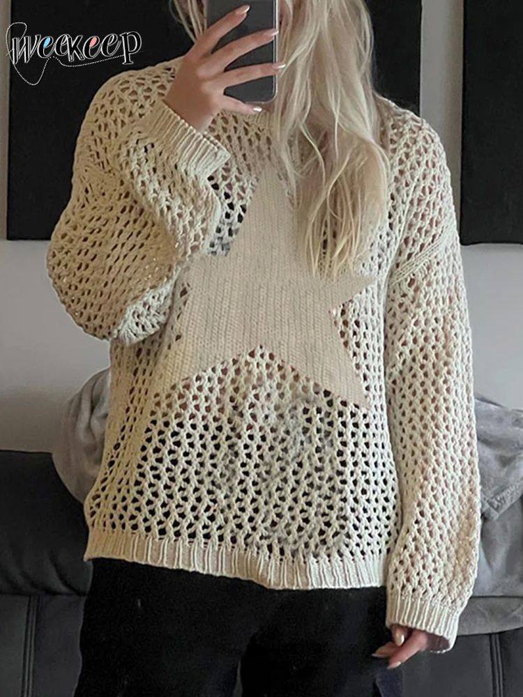 Weekeep Disssed Crochet Star Sweater Pullovers Oversized Loo