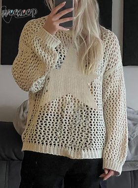 Weekeep Disssed Crochet Star Sweater Pullovers Oversized Loo