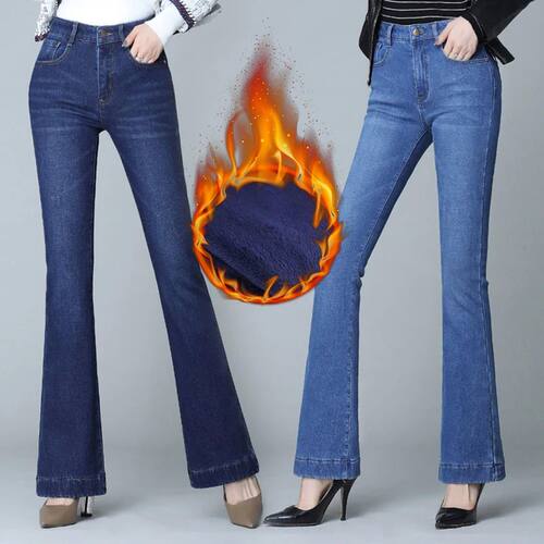 Winter Fleece Flared Pants Jeans Women New Fashion High Wais