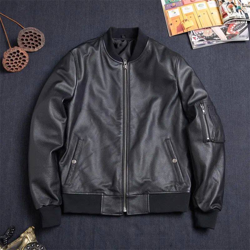 CC Shop.Classic Bomber MA-1 leather jacket.men black slim ai图片