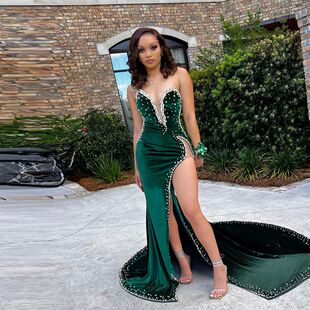 Green Velvet Sexy Prom Dresses Strapless Crystals Sparkly Hi