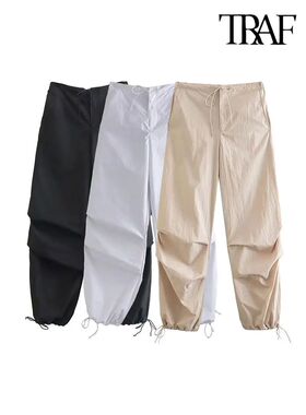 TRAF Women Fashion Side Pockets Pleats Parachute Cargo Pants