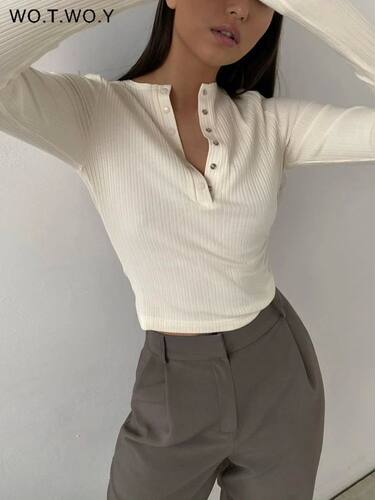 WOTWOY Buttons-Up Ribbed Knitted Sweaters Women Slim Fit Aut
