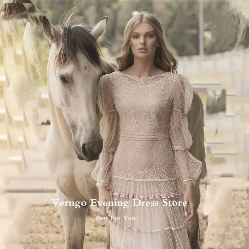 Verngo Elegant Champagne Party Dress Tulle Prom Dresses Puff