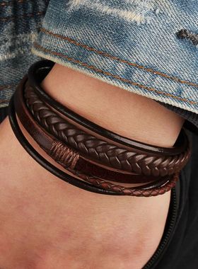 ndy  Leather Bracelets Men Stainless Steel Multilayer Braide
