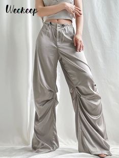 Weekeep Satin Wide Leg Women's Pants Baggy Drawstring Joggin
