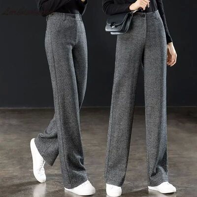 Herringbone Pattern Woolen Wide Leg Pants For Woman 2022 Spr