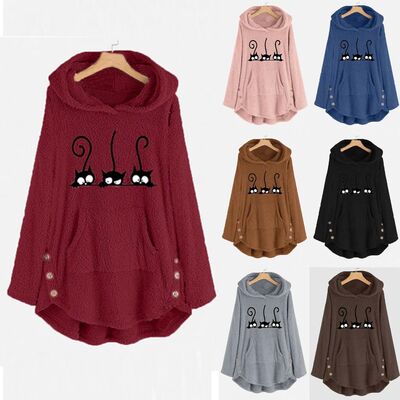 Cat Print Long Hoodies Sweatshirt Women Fleece Warm Embroide