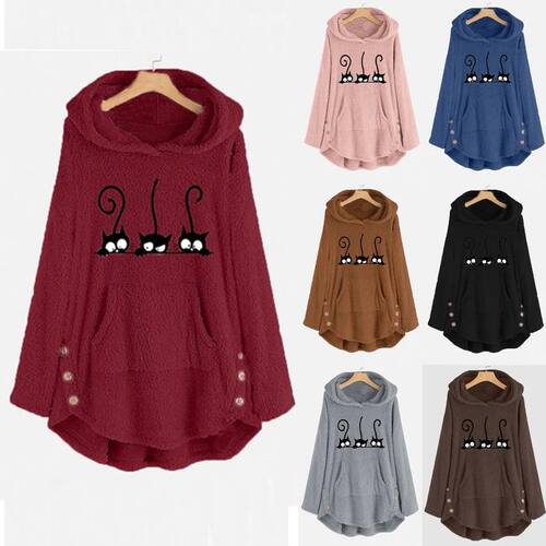 Cat Print Long Hoodies Sweatshirt Women Fleece Warm Embroide