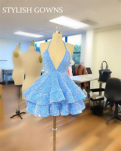 Sexy Sky Blue Halter Short Prom Dresses Sequined Birthday Pa