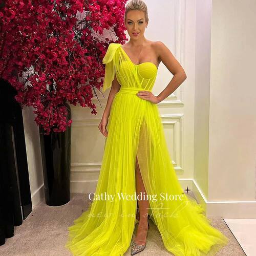 Cathy Sexy One Shoulder High Slit Evening Dress Tulle Prom D