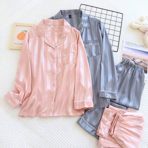 New Couple Pajamas Suit Ice Silk Long-Sleeve Sleepwear Silky