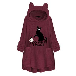 Women Oversized Hoodie Fleece Embroidery Cute Cat Ear Plus S
