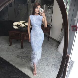 Sharon Said Elegant Light Blue Lace Midi Evening Dress with