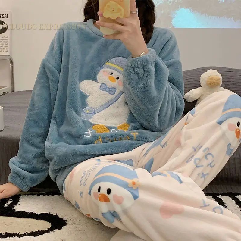 Autumn Winter Kawaii Cartoon Pajama Sets Women Pyjamas Plaid