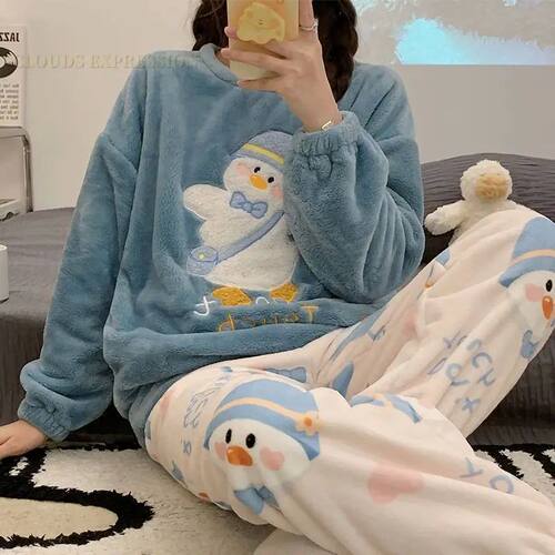 Autumn Winter Kawaii Cartoon Pajama Sets Women Pyjamas Plaid