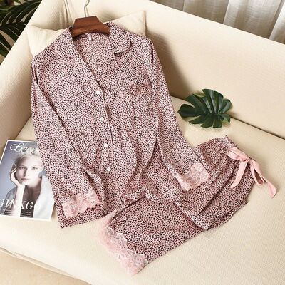 Lisacmvpnel Leopard Print Women Pajama Set Ice Silk Soft Tou