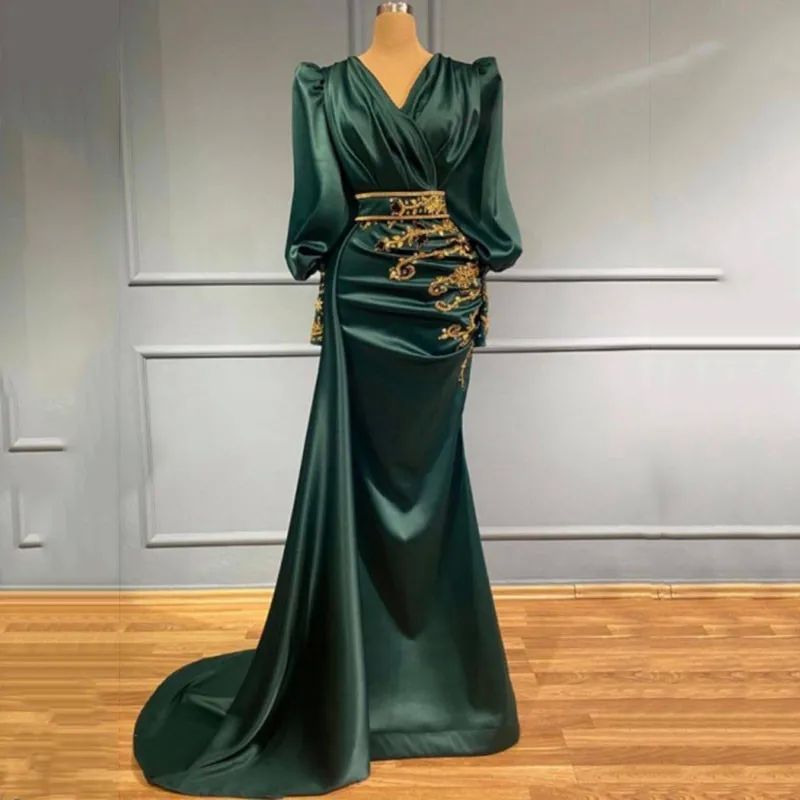 BridalAffair Green Satin Evening Dresses Dubai  Formal Prom - 实物图