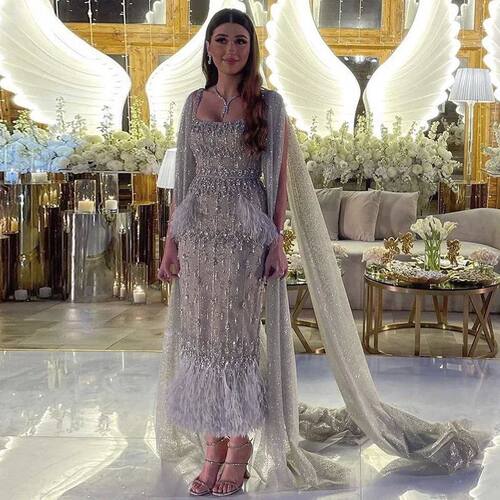 Sharon Said Bling Gray Mermaid  Evening Dress with Cape Luxu