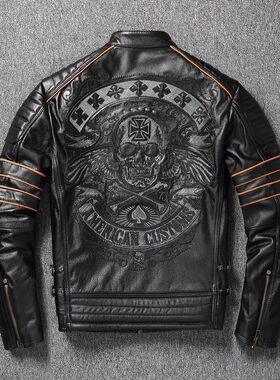 2023 New Skull Embroidery Men's First Layer Cowhide Leather